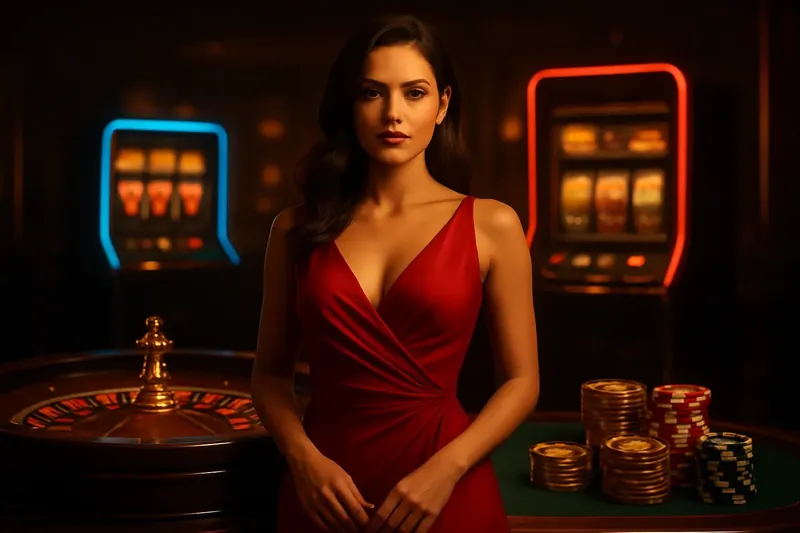 Beautiful woman in red dress posing confidently near roulette and slot machines in a luxury Bangladesh casino with neon lights and gold coins