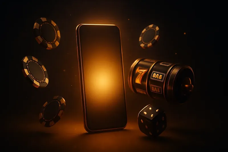 Glowing smartphone with casino chips, slot reels, and dice on dark luxurious background